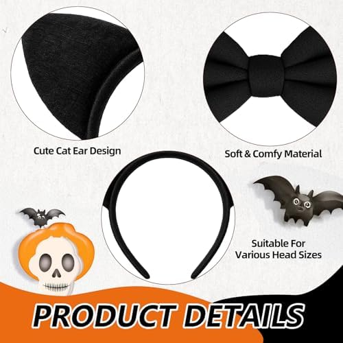 3 Pieces Black Cat Ears Headband Costume Accessories Set – Cat Ears Headwear, Tail, and Bow Tie for Halloween, Animal Cosplay, School Plays, and Dress-Up Parties for Kids and Adults
