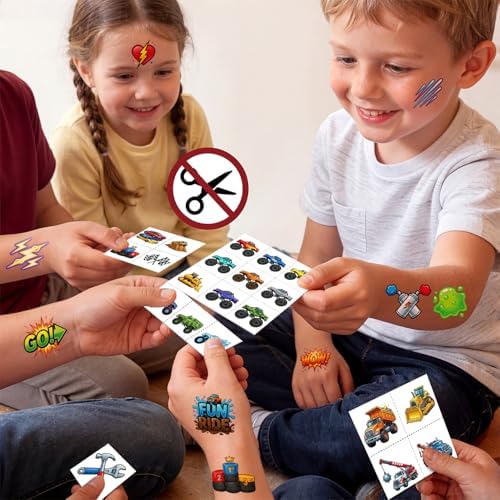 JCFIRE Monster Truck Temporary Tattoos for Kids Boys Age 4-7, Pre-cut Perforated No Scissors Needed, Diggers Construction Car Theme Birthday Party Favors Supplies Decorations Goodie Bag Stuffer