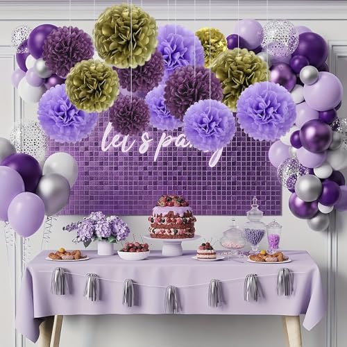 18 PCS Tissue Paper Pom Poms, Tissue Pom Poms Flowers, Sizes of 6", 10", 12", 14" Hanging Paper Flower Ball for Wedding, Birthday, Halloween, Christmas, Baby Shower Party Decor (Gold Purple)