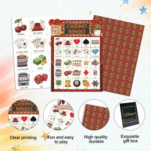 Casino Party Bingo Game Cards, Las Vega Bingo Set for Adults Large Group, Casino Themed Fun Games, Las Vega Party Activities, Icebreaker Games for Family Friends, 07