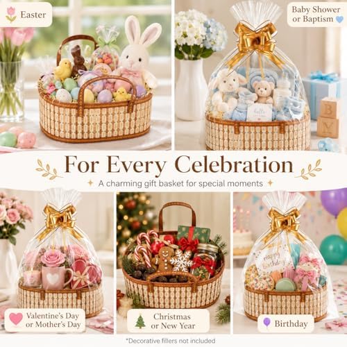 YAFAOCE 2Pcs Gift Baskets Empty to Fill for Easter Mother's Day Birthday Baby Baptisms Christmas New Year Valentines, Foldable Bamboo Woven Bulk Basket Set with Handle, Cute Large Basket Gift Kit