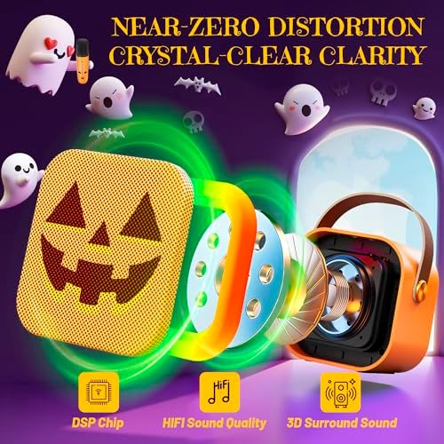 IROO Mini Karaoke Machine for Kids, Halloween Party Supplies & 2025 TOP Toy Gifts Ideas for Girls Boys Ages 4-12, Portable MP3 Player with 2 Wireless Mics for Birthday Christmas Singing Games（Pumpkin）