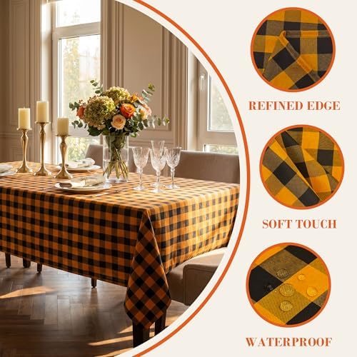 Waterproof Gingham Tablecloth, Checkered Fabric Table Cover for Kitchen Dining, Black & Orange Plaid Table Cloth, Rectangle Table Cloth for Indoor Outdoor Use, W60 x L120 in