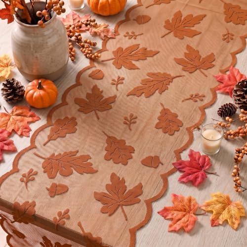 Artoid Mode Lace Jacquard Maple Leaf Fall Table Runner, Seasonal Thanksgiving Orange Kitchen Dining Table Decoration for Home Party Decor 13x72 Inch