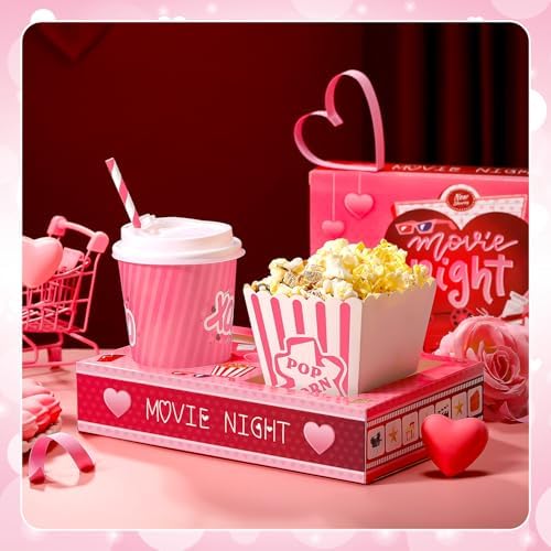 Dunzoom 20 Pcs Valentine's Day Movie Night Supplies Galentines Movie Night Paper Snack Trays Popcorn Candy Holder Snack Boxes Cardboard Food Holder Trays