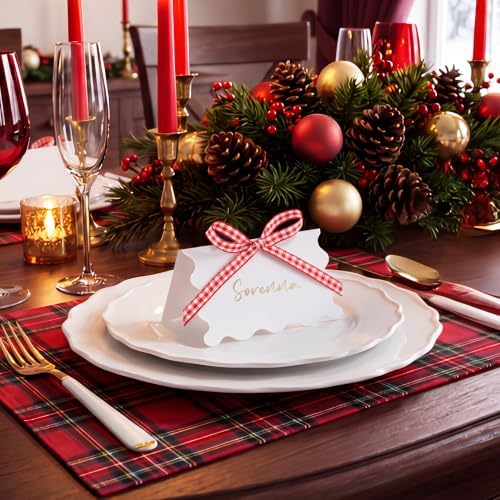 UNIQOOO 50Sets Place Cards for Table Setting - Gingham Red White Pre-tied Bow Table Place Cards, Name Cards for Wedding, Christmas Dinner Party Events, 4x3.5 In