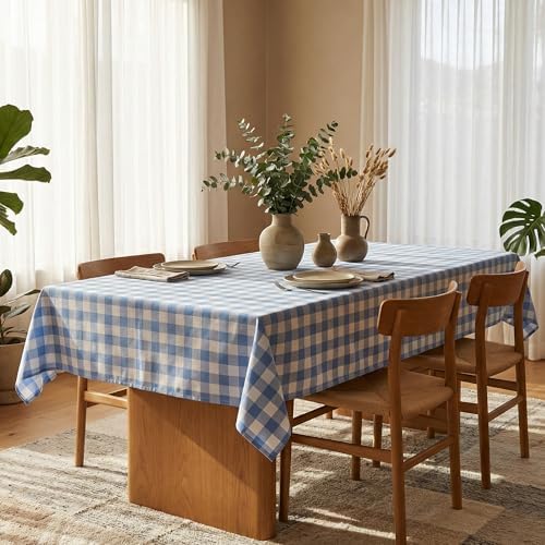 Waterproof Gingham Tablecloth, Checkered Fabric Table Cover for Kitchen Dining, Blue & White Plaid Table Cloth, Rectangle Table Cloth for Indoor Outdoor Use, W60 x L144 in