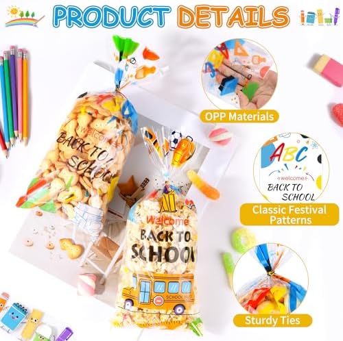 ZYLOP 100 Pcs Back to School Cellophane Treat Bags - 5x11 Inch Clear Goodie Bags with 110 Gold Ties for Cookies, Candies, Classroom Gifts, Teachers' Rewards & Large School Party Favors