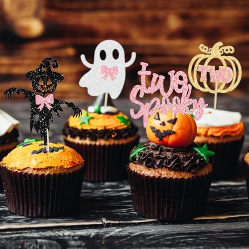 Gyufise 24 Pcs Halloween Spooky Cupcake Toppers - Pink Glitter Ghost, Pumpkin, Girl & More for Kids Birthday Party Supplies
