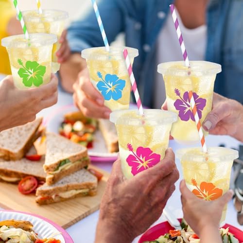 Whaline 60Pcs 12 Oz Hibiscus Floral Disposable Plastic Cups with Lids and Straws Colorful Summer Hawaiian Flower Cold Beverage Drinking Cups for Beach Tropical Luau Party Supplies