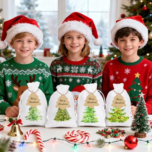 G2PLUS 24Pcs Christmas Drawstring Burlap Gift Bags - 4X6 In Christmas Advent Calendar Bags, 4 Design Xmas Tree Burlap Bag, White Treat Goody Bag for Xmas Holiday Party Favors