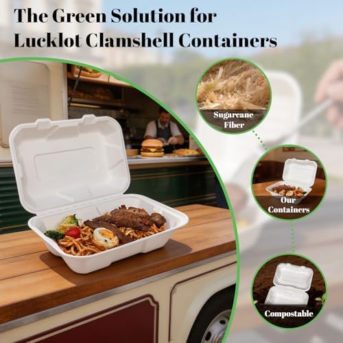 Lucklot 50 Pack 9×6 Inch White Compostable Bagasse Take Out Food Containers