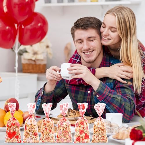 FOIMAS 180pcs Valentine's Day Cellophane Treat Bags,Heart Candy Goodie Bags Cookie Bag with Twisted Ties for Valentines Day Party Supply