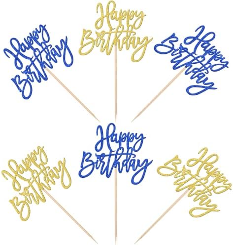 24 PCS Happy Birthday Cupcake Toppers Glitter Happy Birthday Cupcake Picks for Celebrating Anniversary Theme Party Cake Decorations Supplies Blue Gold