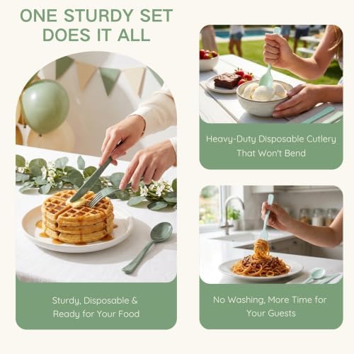 300Pcs Sage Green Plastic Silverware Set, Full Size Disposable for Dinner