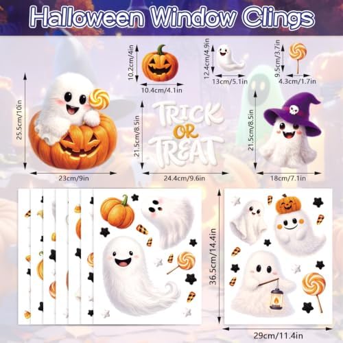 SULOLI 8 Sheet Halloween Window Clings, Plush Ghost Reusable Window Decals