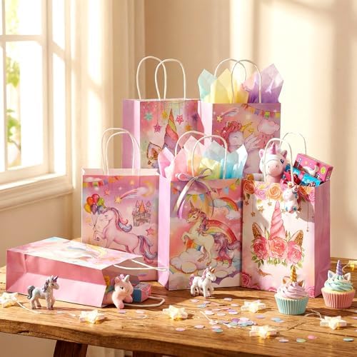 Kolldenn 48 Pcs Unicorn Party Favor Bags with Handles Unicorn Goodie Bags