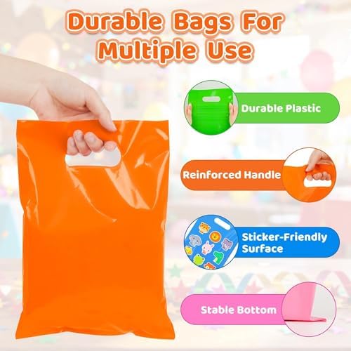 VieFantaisie 50 PCS Orange Party Favor Bags, 8" x 11" Goodie Bags for Candy Treat Craft Easter Egg, Plastic Gift Bag with Die Cut Handles for Birthday Party, School Events & Small Business, Wedding