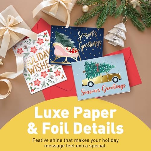 Sweetzer & Orange Boxed Christmas Cards Set – 100 Holiday Cards with Envelopes & Sealing Stickers – 25 Unique Designs with Gold Foil & Short Greetings – Bulk Assorted Christmas Greeting Cards
