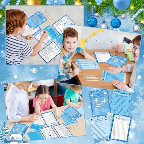 gisgfim 231Pcs Winter Party Games Cards Snowflake Snowman Trivia Word Search Scramble Maze Games Winter Christmas Holiday Party Supplies for School Classroom Family Activity Birthday Favor