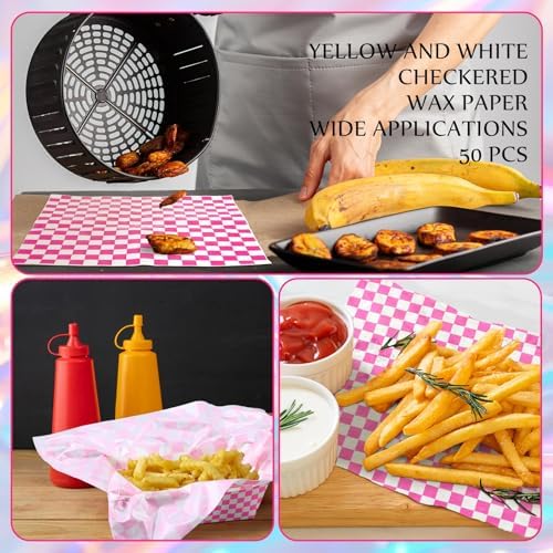 Geosar 100 Pcs Gingham Paper Food Tray with Wax Paper,Laser Fuchsia