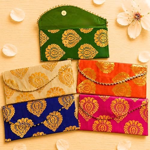 LoveNspire Brocade Fabric Money Envelopes (8 x 4 Inch) Decorative Floral Pattern Shagun Lifafa for Indian Wedding, Birthday | Cash Gift Holder & Home Savings Organizer Green/Pack of 20