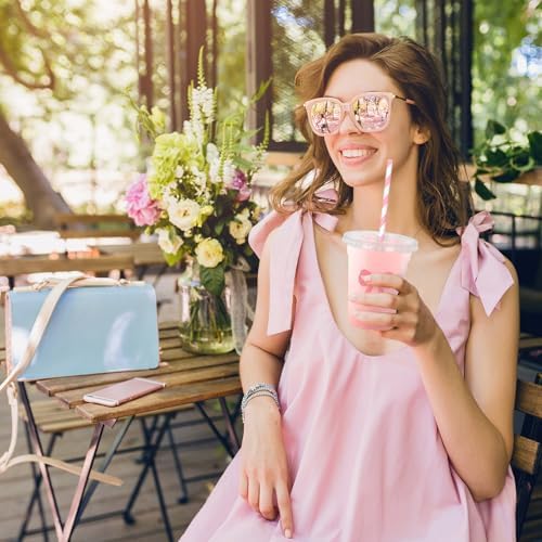 Whaline 50 Pcs Pink Bow Disposable Plastic Cups with Lids and Straws 12 Oz Lovely Bowknot Cold Beverage Drinking Cups for Wedding Birthday Bridal Baby Shower Party Supplies