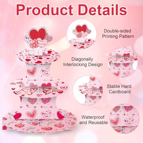 Valentine's Day Cupcake Stand Decoration, 3 Tier Hearts Candy Cupcake Stand DIY Cake Stand Holder Tower Cardboard Dessert Serving Cookie Tray Holder for Valentine Wedding Anniversary Party Supplies