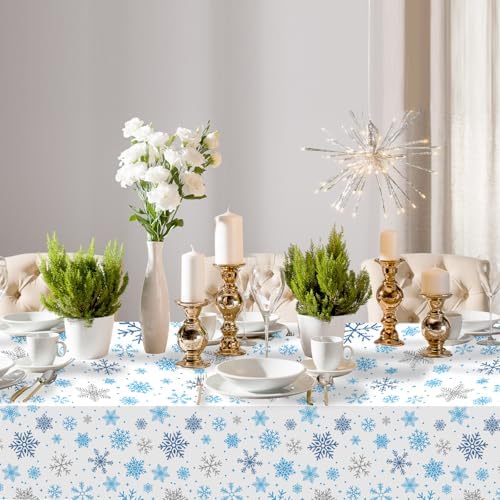 3-Piece 54 x 108 Inch Christmas Snowflake Plastic Tablecloth – Blue and White Disposable Rectangle Table Covers with Snowflake Design for Holiday Parties, Christmas Dinners, and Winter Celebrations