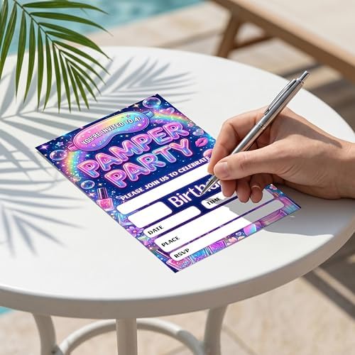 Pamper Birthday Invitation Girl, Pamper Spa Double-Sided Fill In Style Invites with Envelopes for Birthday, Glitz Glam Makeup Glow Party Invitation For Girls, Teens, Bday Party Favor & Decoration