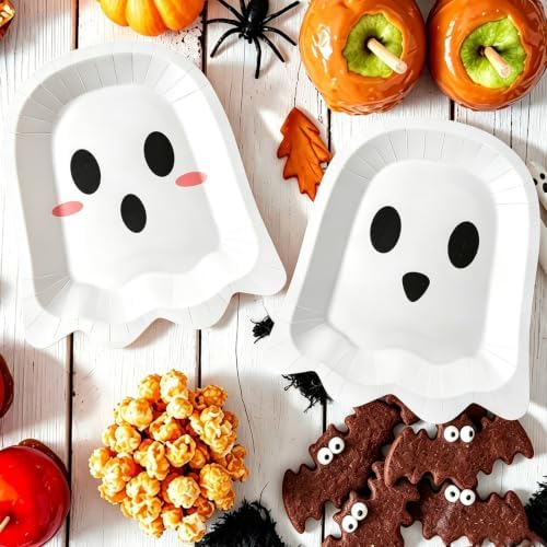 FOIMAS 50 Pcs Halloween Paper Plates, 9.84 Inch Cute Ghost Disposable Plates Spooky Boo Dessert Dinner Plate Tableware for Baby Shower Halloween Party Supplies Birthday Table Decor,White