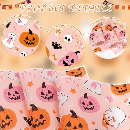 LOAVER 150 Pack Halloween Wax Paper Sheets for Food, Pink Ghost Pumpkin Greaseproof Wrapping Deli Parchment Baking Paper for Sandwich Cookies Picnic Oilproof Basket Liners Halloween Kicthen Supplies