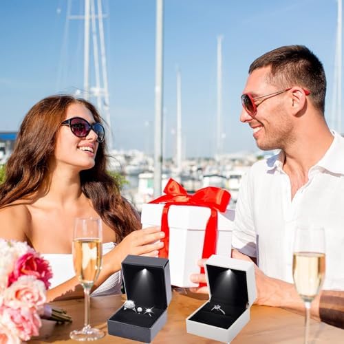 Ring Box Square Shaped LED Light Engagement Ring Boxes Jewelry Gift Box for Proposal Wedding Valentine's Day Anniversary Christmas Mothers Thanksgiving Gift (Square Dark Blue)