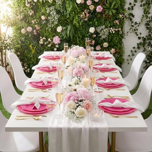 NOCCUR 175PCS Hot Pink Plastic Plates with Gold Disposable Silverware - Include 50 Hot Pink Plates,25 Knives,25 Forks,25 Spoons,25 Cups and 25 Napkins - Ideal for Party/Wedding/Banquet