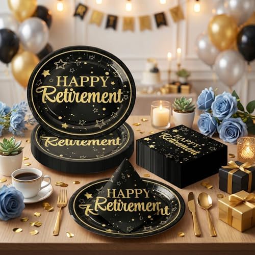 Dereinwo 50 Pcs Retirement Paper Plates and Napkins Set
