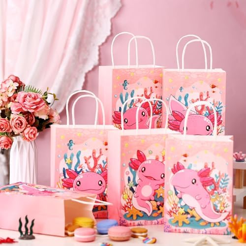 Kolldenn 24 Pcs Axolotl Party Bags with Handles, Axolotl Gift Paper Bag