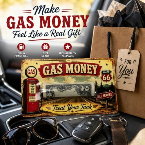 Gas Money Gift Card Holder, Cash Holder Card for Rolled Cash, Funny Road Trip Money Gift, Vintage Adventure Cash Gift for Drivers, Teens, New Driver, Graduation, Birthday, Travel Gift