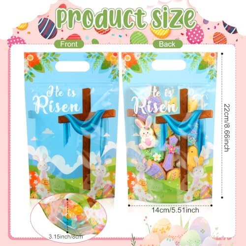 Engrowtic 100 Pcs Easter Treat Bags Reusable Easter Zipper Bags He Is Risen Plastic Gift Bag with Cross Bunny Holiday Bag with Handles for Spring Party Favor Wrapping Supplies