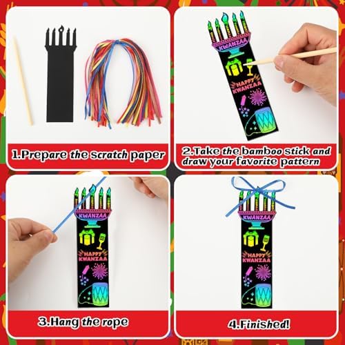 JUNEBRUSHS 30Pcs Kwanzaa Craft for Kids, Rainbow Magic Scratch Art Bookmark