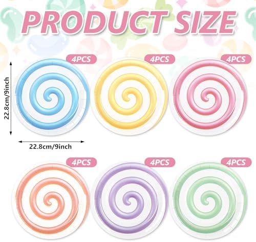 Whaline Candyland Party Paper Plates 9 Inch Pastel Disposable Salad Dessert Plates 6 Colors Lollipop Tableware for Sweet Shop Themed Birthday Baby Shower Supplies, 24 Pcs