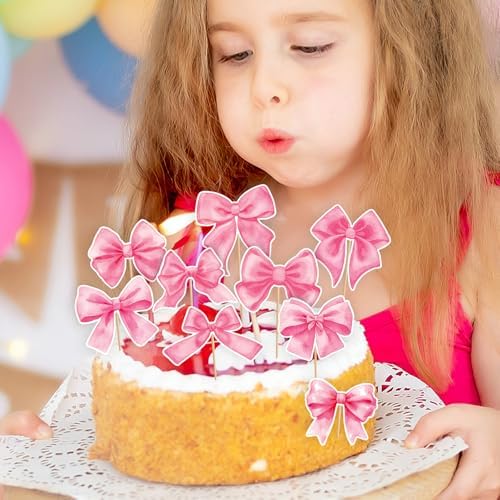 Hooqict 40Pcs Pink Bow Cupcake Toppers Pink Bow Birthday Cake Decorations Cupcake Picks for Girls Coquette Birthday Decorations Baby Shower Bachelorette Bridal Wedding Party