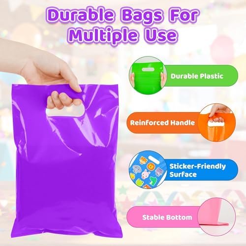 VieFantaisie 50 PCS Purple Party Favor Bags, 8" x 11" Goodie Bags for Candy Treat Craft Easter Egg, Plastic Gift Bag with Die Cut Handles for Birthday Party, School Events & Small Business, Wedding