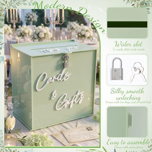 BreezeHug 10" Sage Green Acrylic Wedding Card Box with Lock & 3D Letters