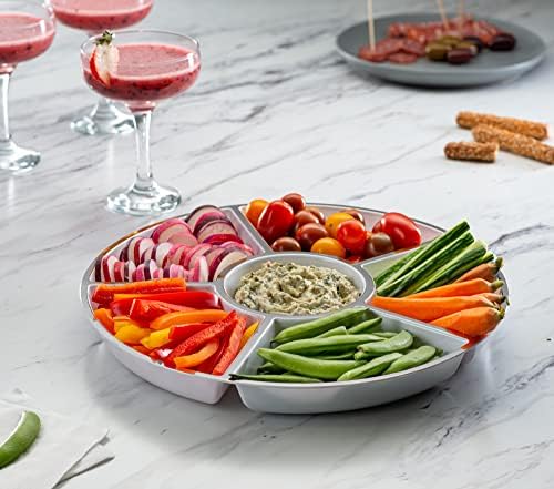 6 Sectional Round Plastic Serving Tray/Platters White W Silver Rim 4 Pack