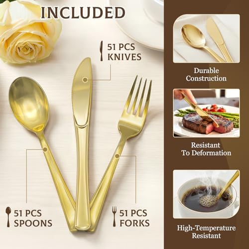 Glowserve 153 Pack Gold Disposable Plastic Silverware Set Cutlery Set
