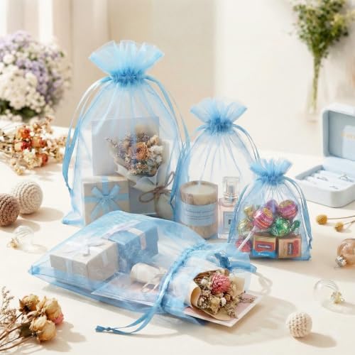 FUNFERY 100PCS Baby Blue Organza Gift Bags 6x9in,Drawstring Jewelry Pouch