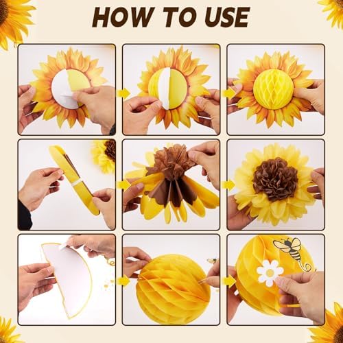 Paper Jazz Sunflower Party Honeycomb Decoration Bee Decorations with Yellow Paper Flower，Tissue Paper Sun Flower Hanging Birthday Decor for Classroom Wall Baby Shower Garden Party Bulletin Board