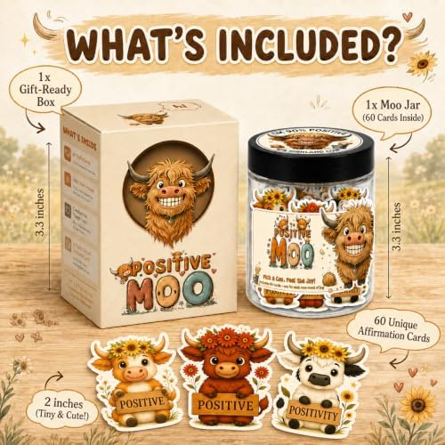 Positive Highland Cow Jar with 60 Affirmation Cards, Emotional Support Highland Cow Gifts, Stress Relief Gifts For Women, Teens, Men, Christmas Moo Highland Cow Decorations
