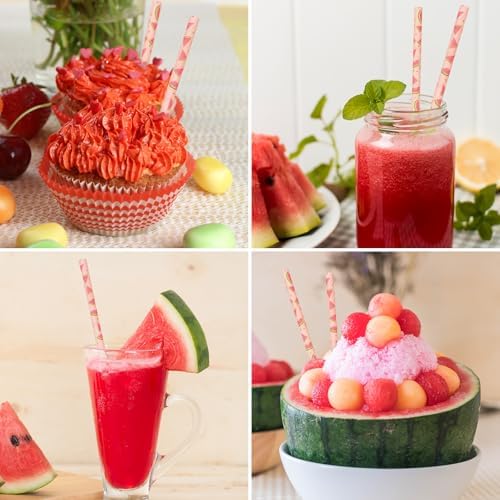 Whaline 200Pcs Watermelon Paper Straws Summer Fruit Drinking Straw Pink Red Watermelon Disposable Straw for One in A Melon Baby Shower Party Supplies