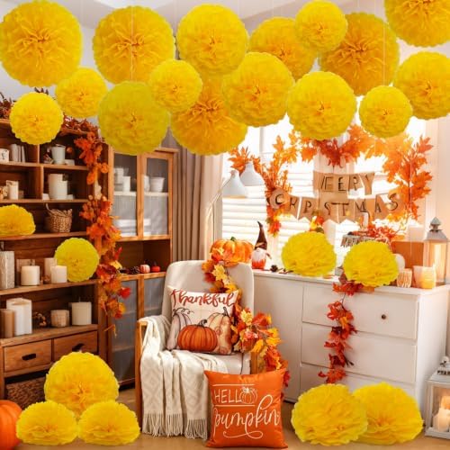Recosis Yellow Party Decorations, 18 Pcs Paper Pom Poms Decorations
